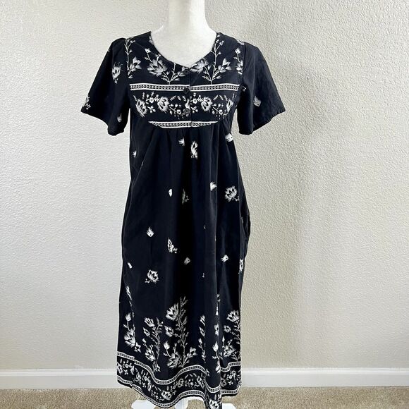 Vintage Loungees Small Black White Floral Mumu House Sleep Dress Kaftan Pockets - Picture 1 of 11